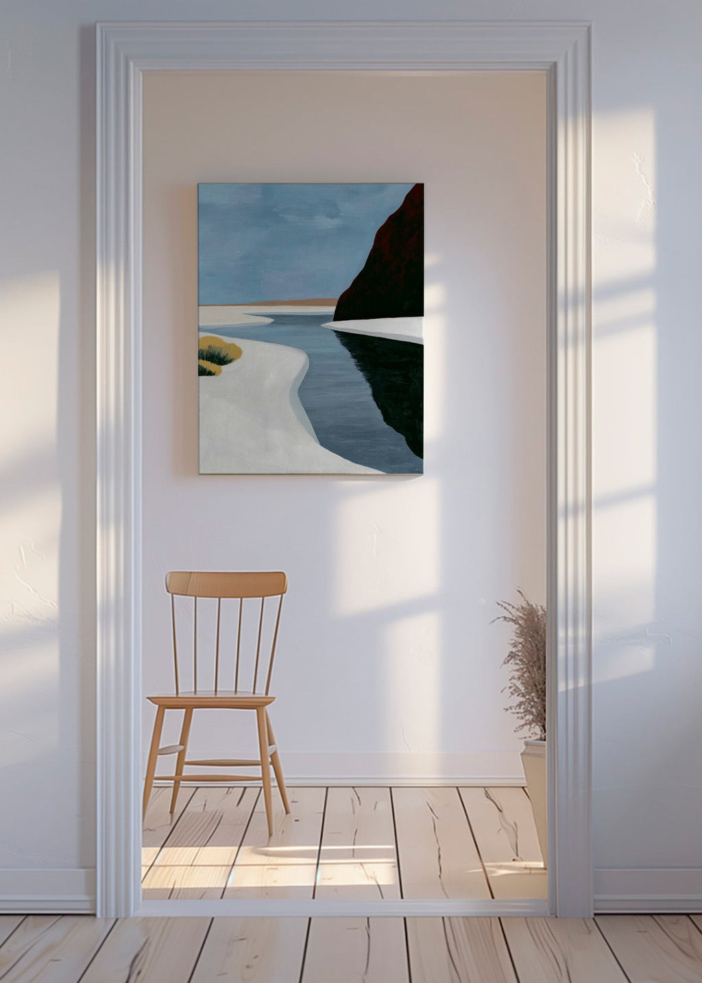 Landskabskunst: minimalistisk estuary med mørk klippe