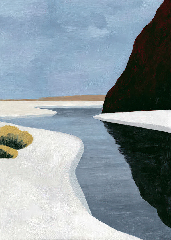Landskabskunst: minimalistisk estuary med mørk klippe