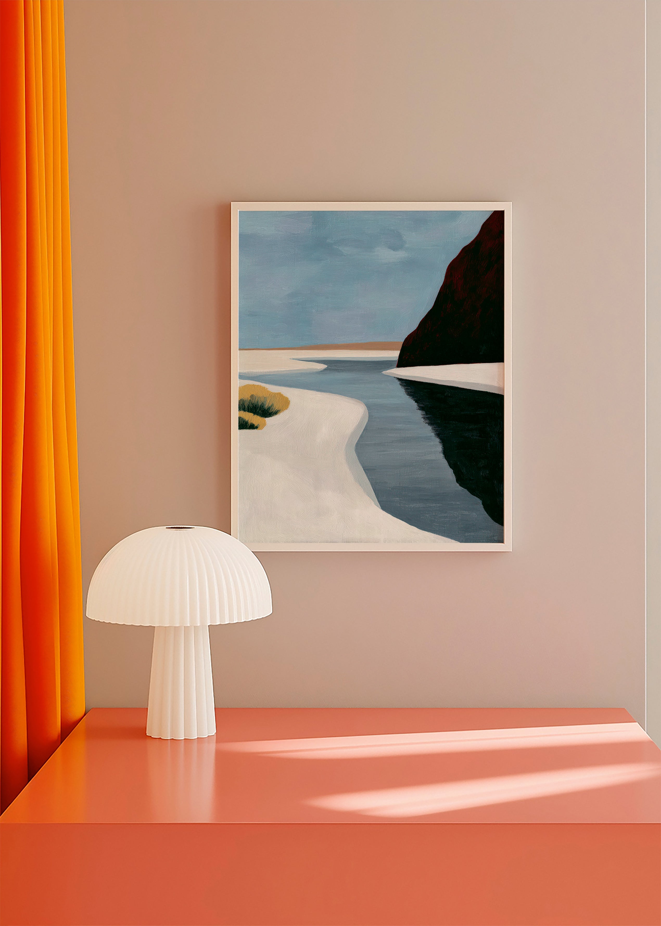 Landskabskunst: minimalistisk estuary med mørk klippe