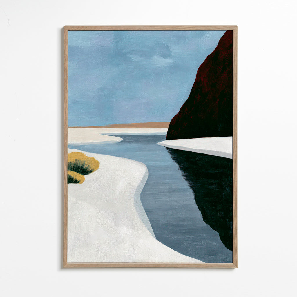 Landskabskunst: minimalistisk estuary med mørk klippe