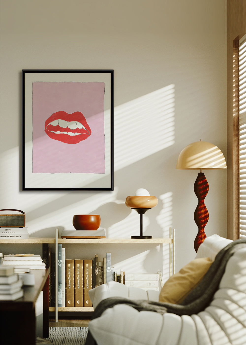 Illustration røde læber på rosa baggrund