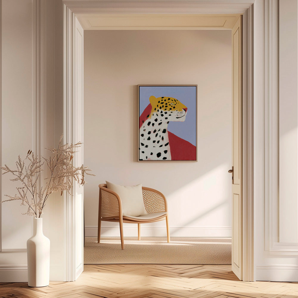 Leopard i profil på lavendelfarvet baggrund