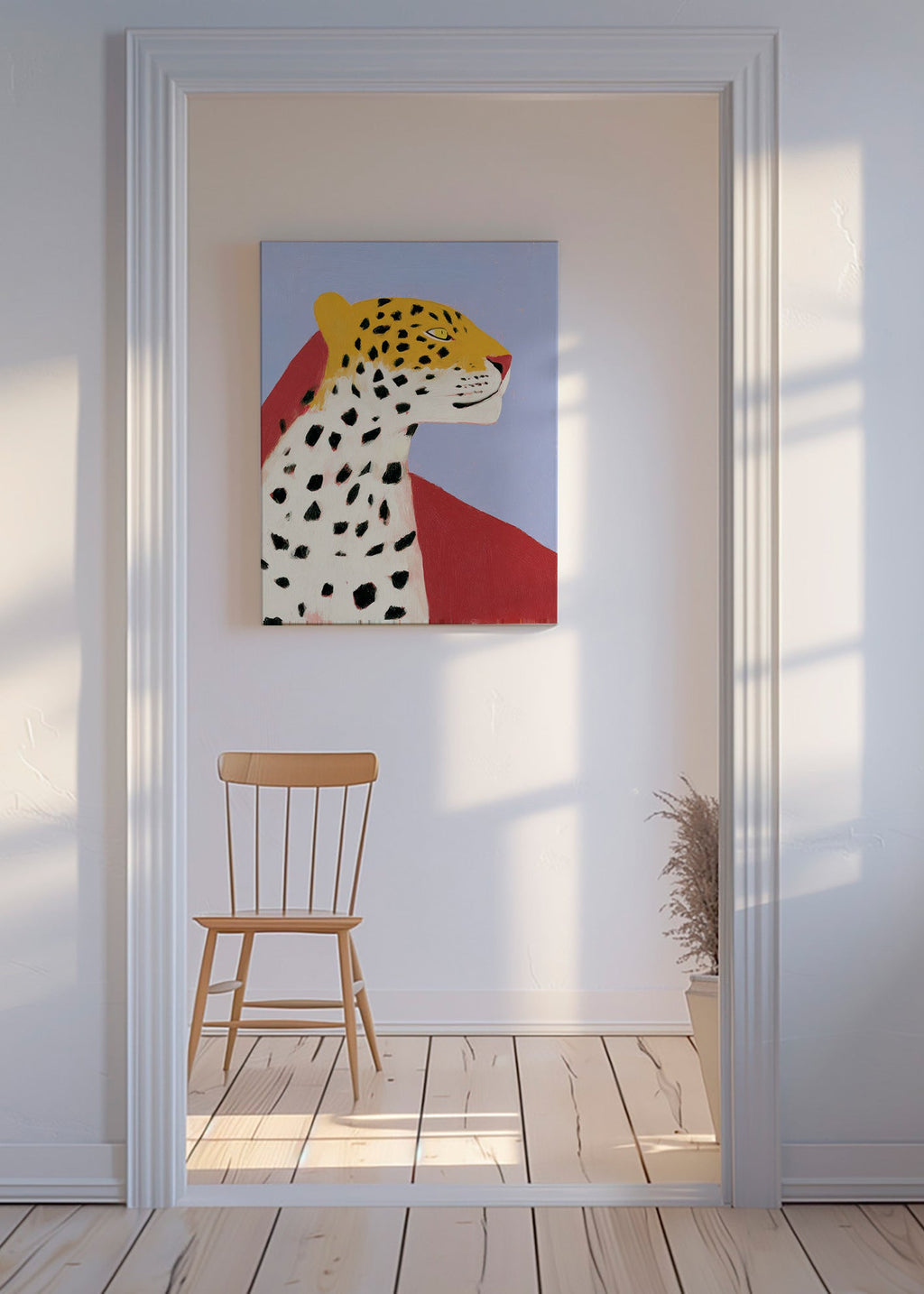 Leopard i profil på lavendelfarvet baggrund