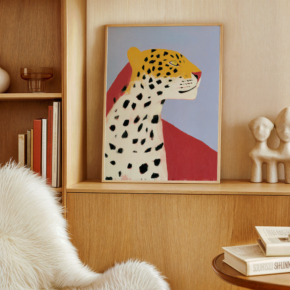 Leopard i profil på lavendelfarvet baggrund