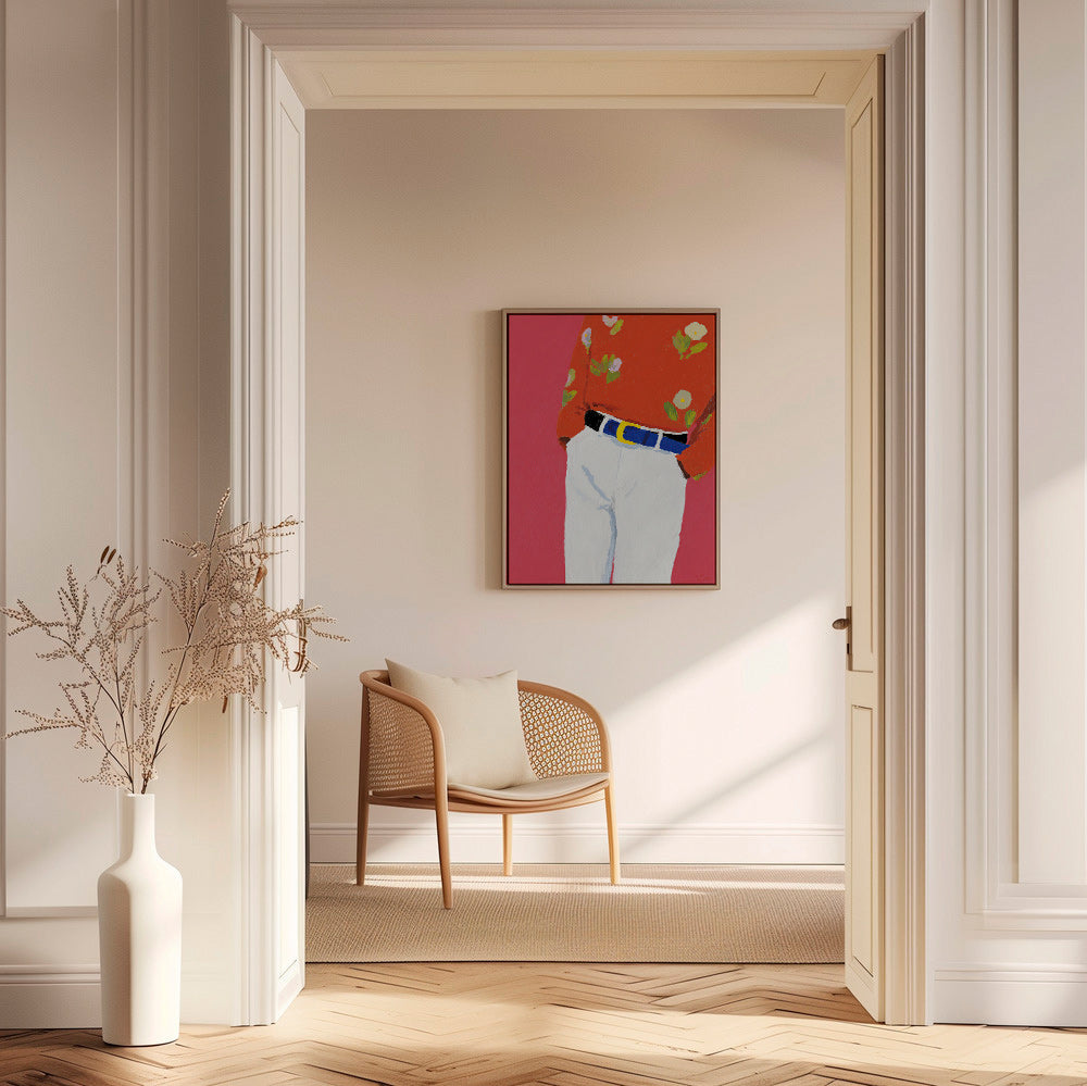 Illustration torso med blomstrede skjorte på pink baggrund