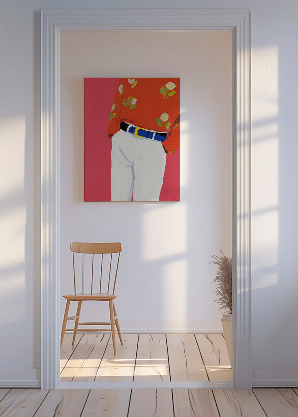 Illustration torso med blomstrede skjorte på pink baggrund