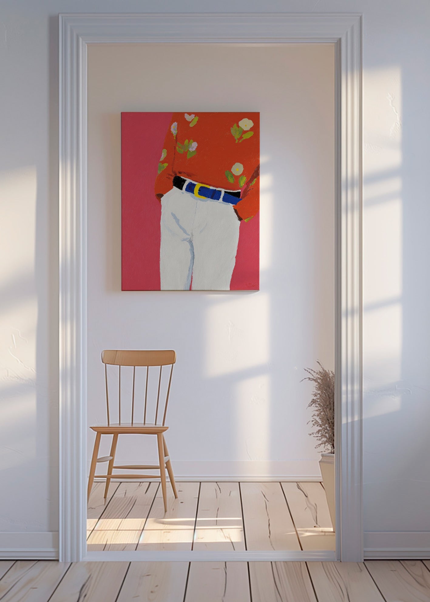 Illustration torso med blomstrede skjorte på pink baggrund