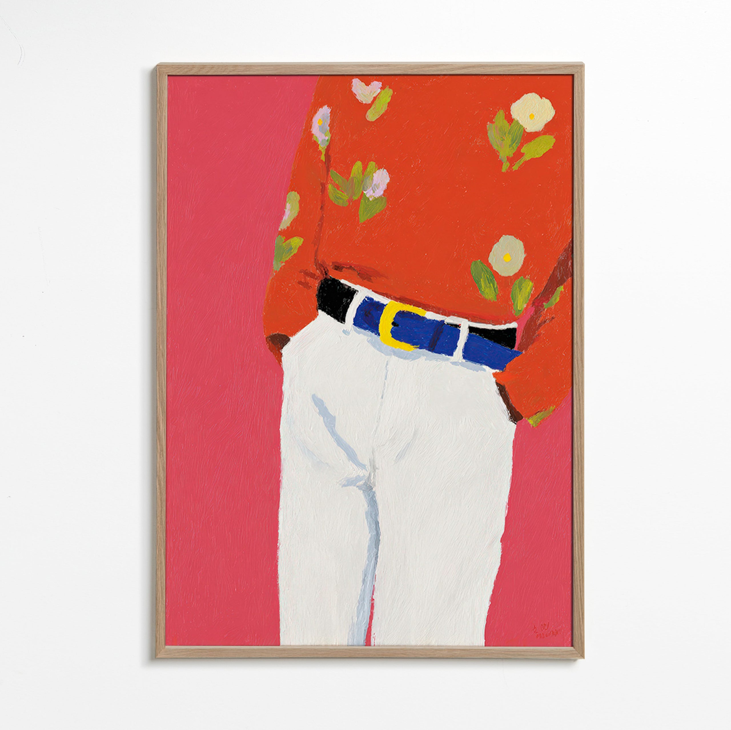Illustration torso med blomstrede skjorte på pink baggrund