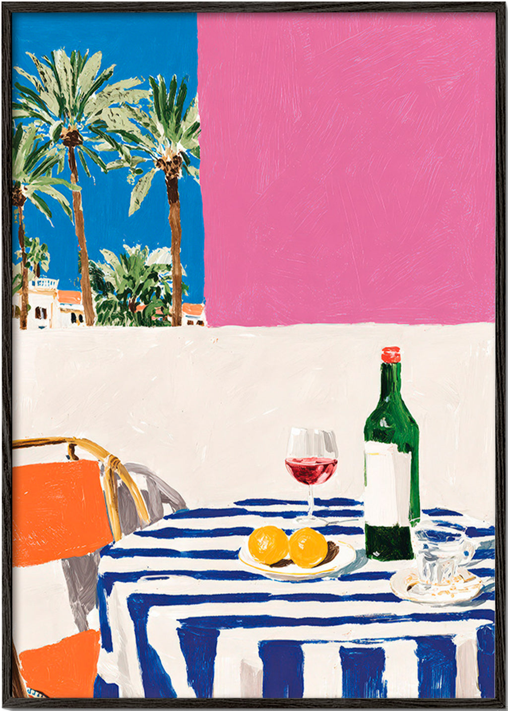 Køkkenkunst med stribet bord, vin og palmer