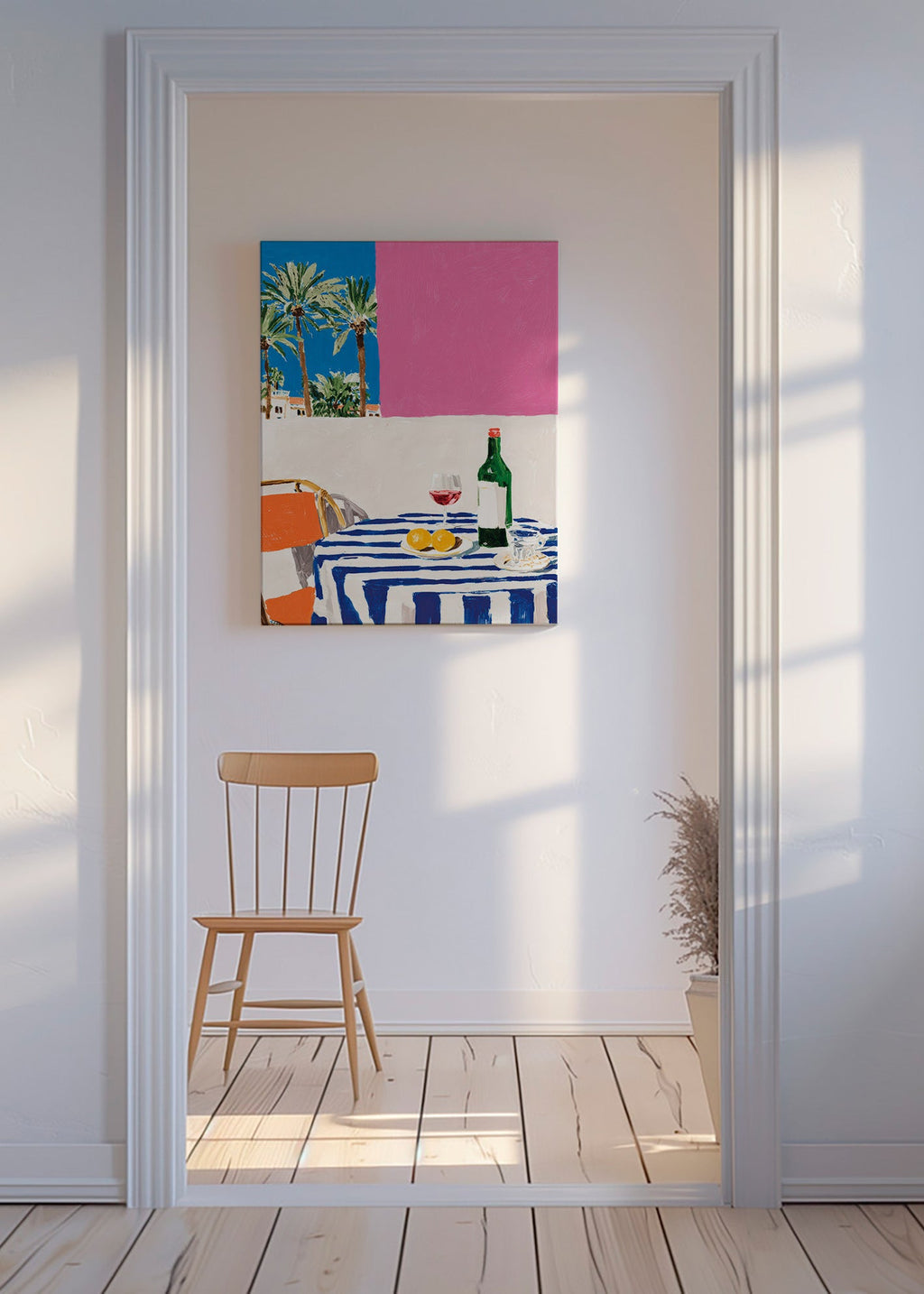 Køkkenkunst med stribet bord, vin og palmer