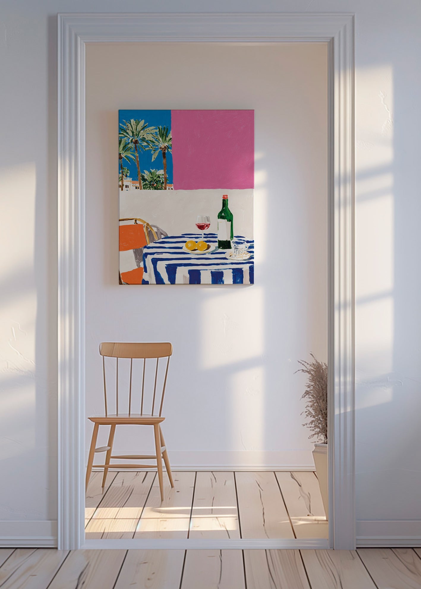 Køkkenkunst med stribet bord, vin og palmer