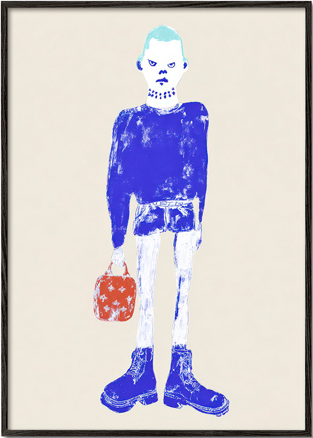 Illustration af blå figur med taske