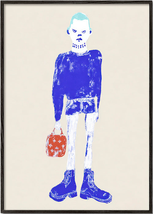 Illustration af blå figur med taske