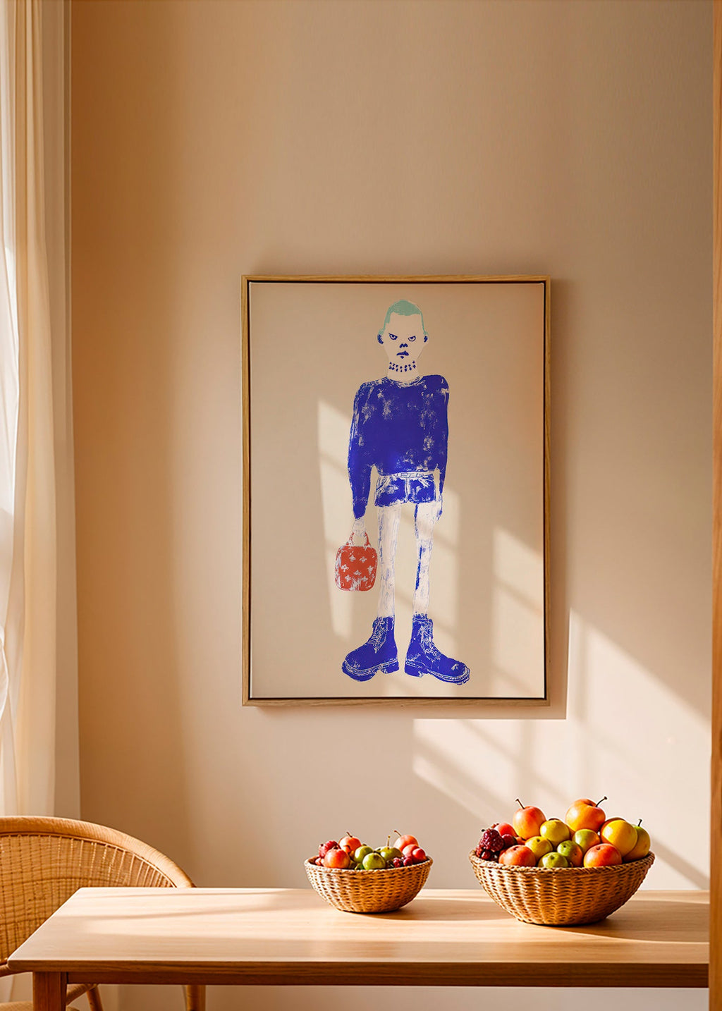 Illustration af blå figur med taske