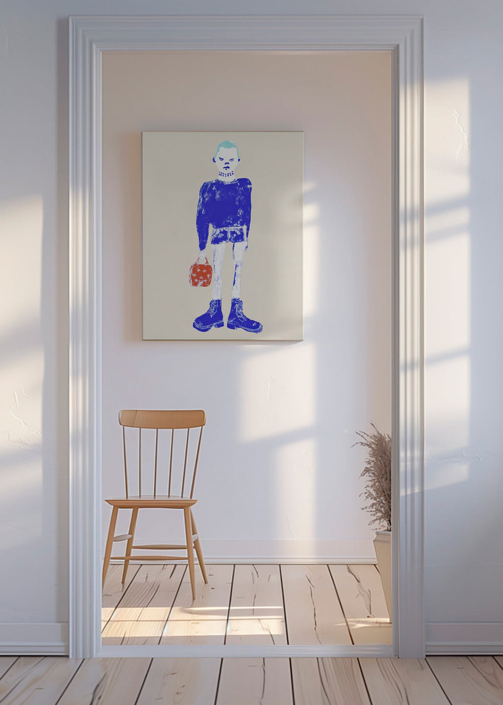 Illustration af blå figur med taske