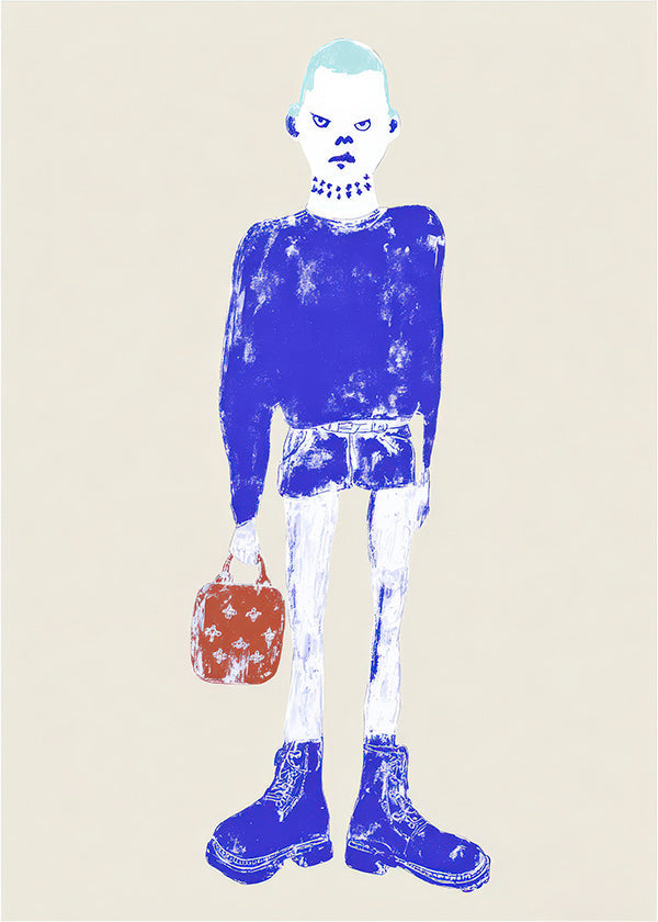 Illustration af blå figur med taske
