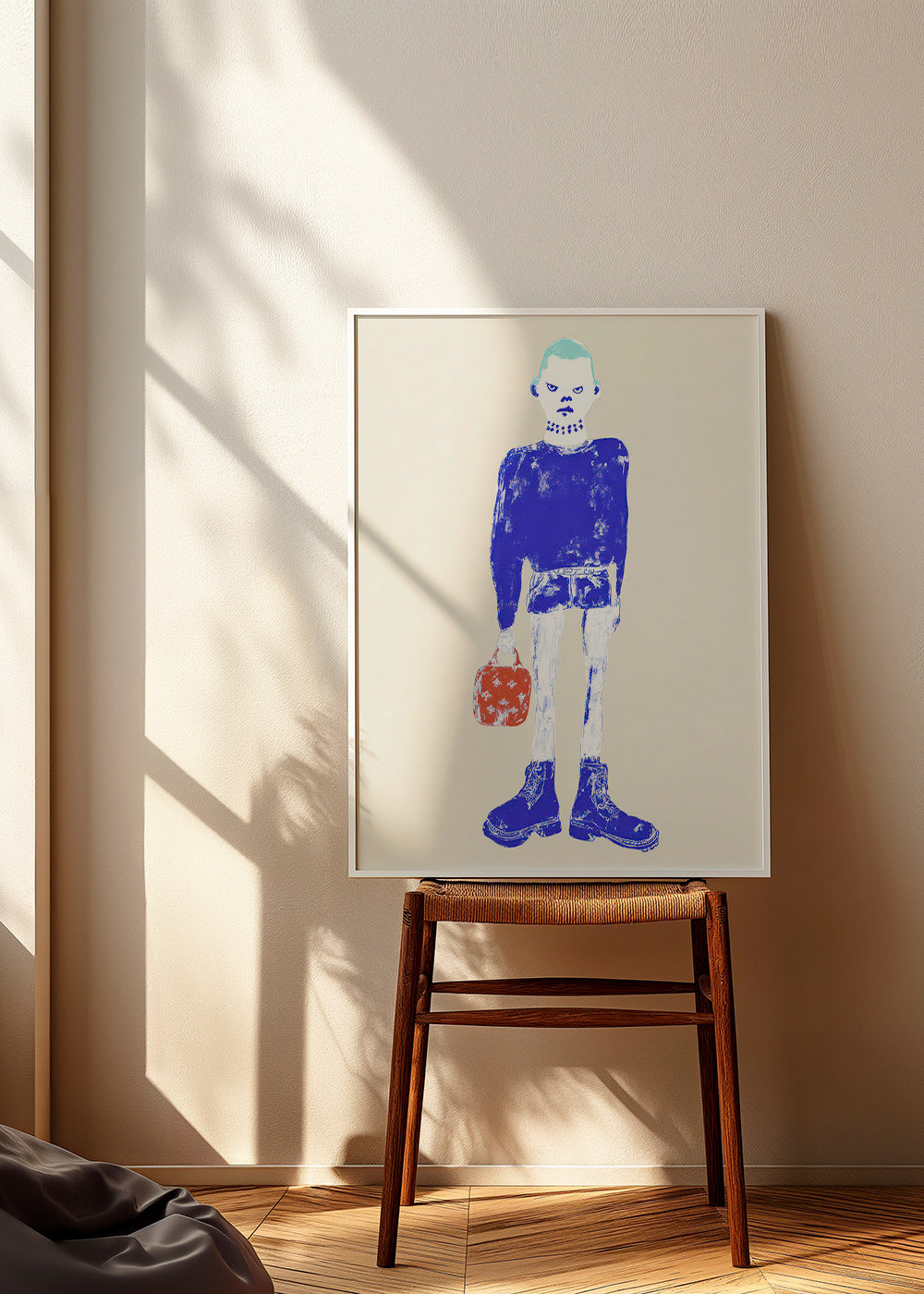 Illustration af blå figur med taske