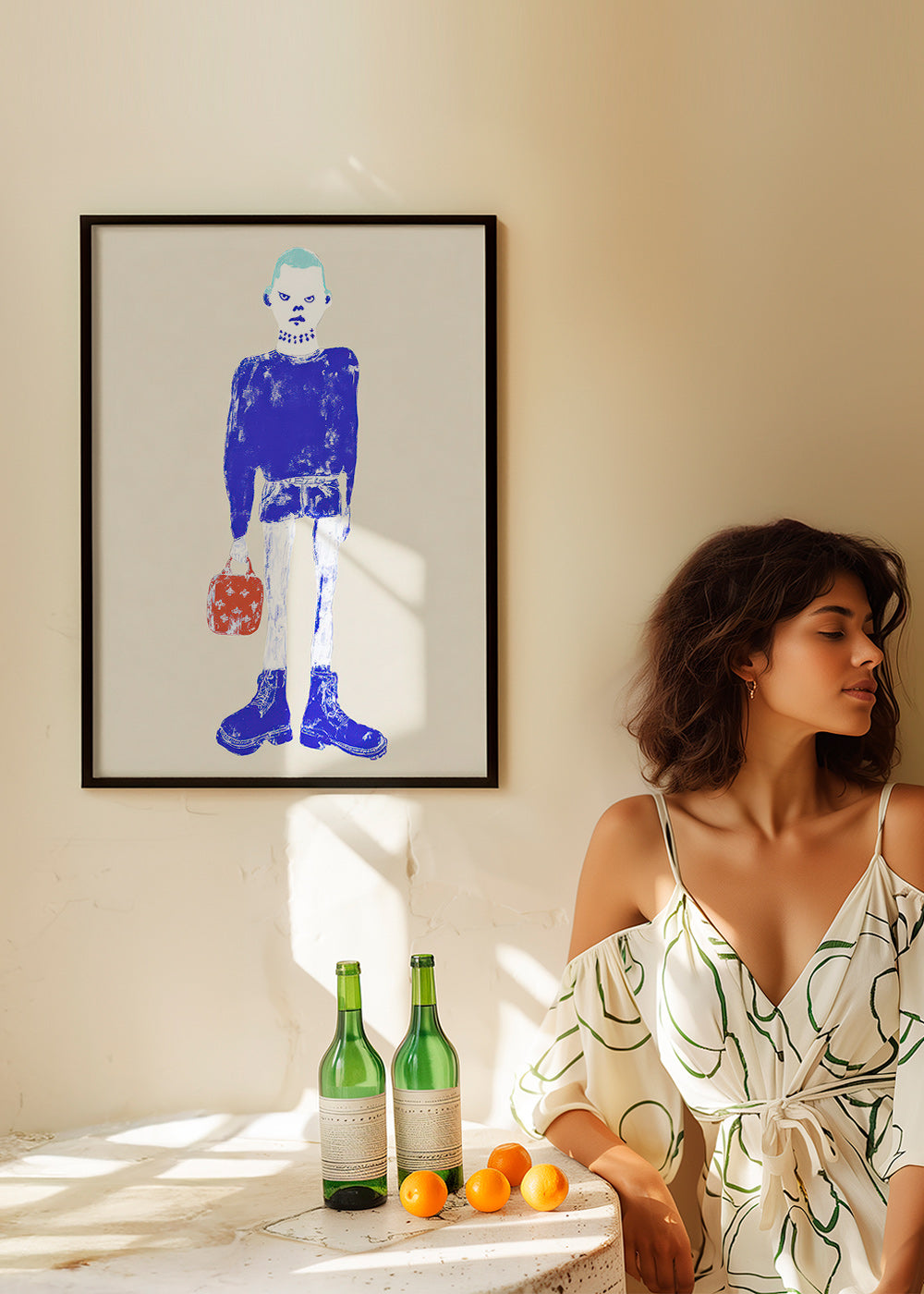 Illustration af blå figur med taske