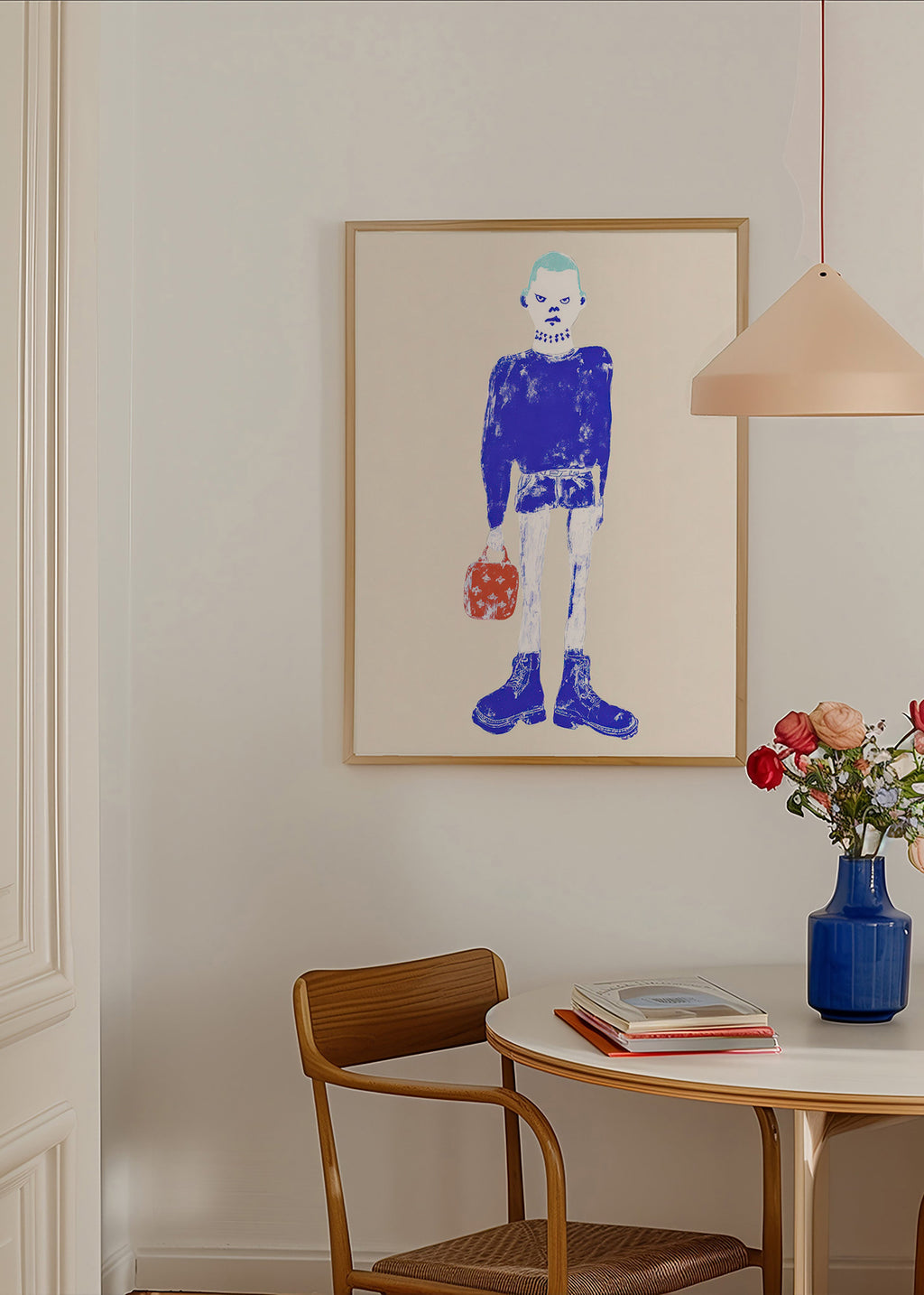 Illustration af blå figur med taske