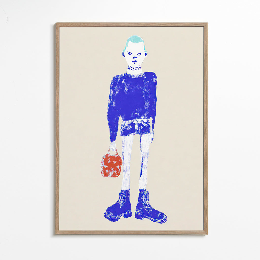 Illustration af blå figur med taske