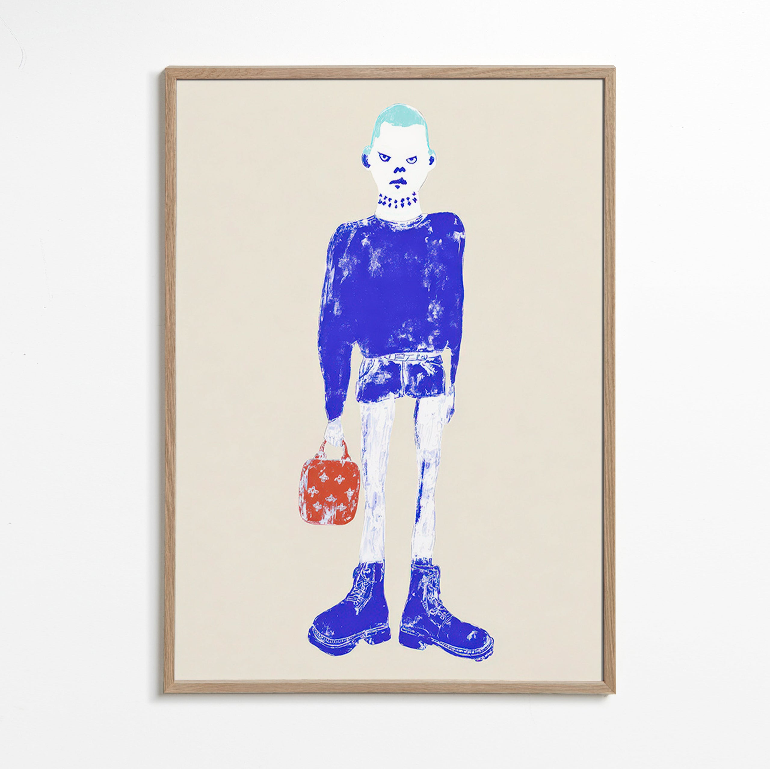 Illustration af blå figur med taske