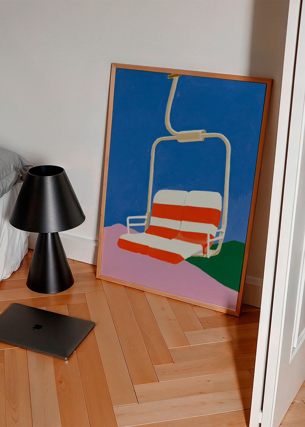 Illustration af stolelift med stribet sæde