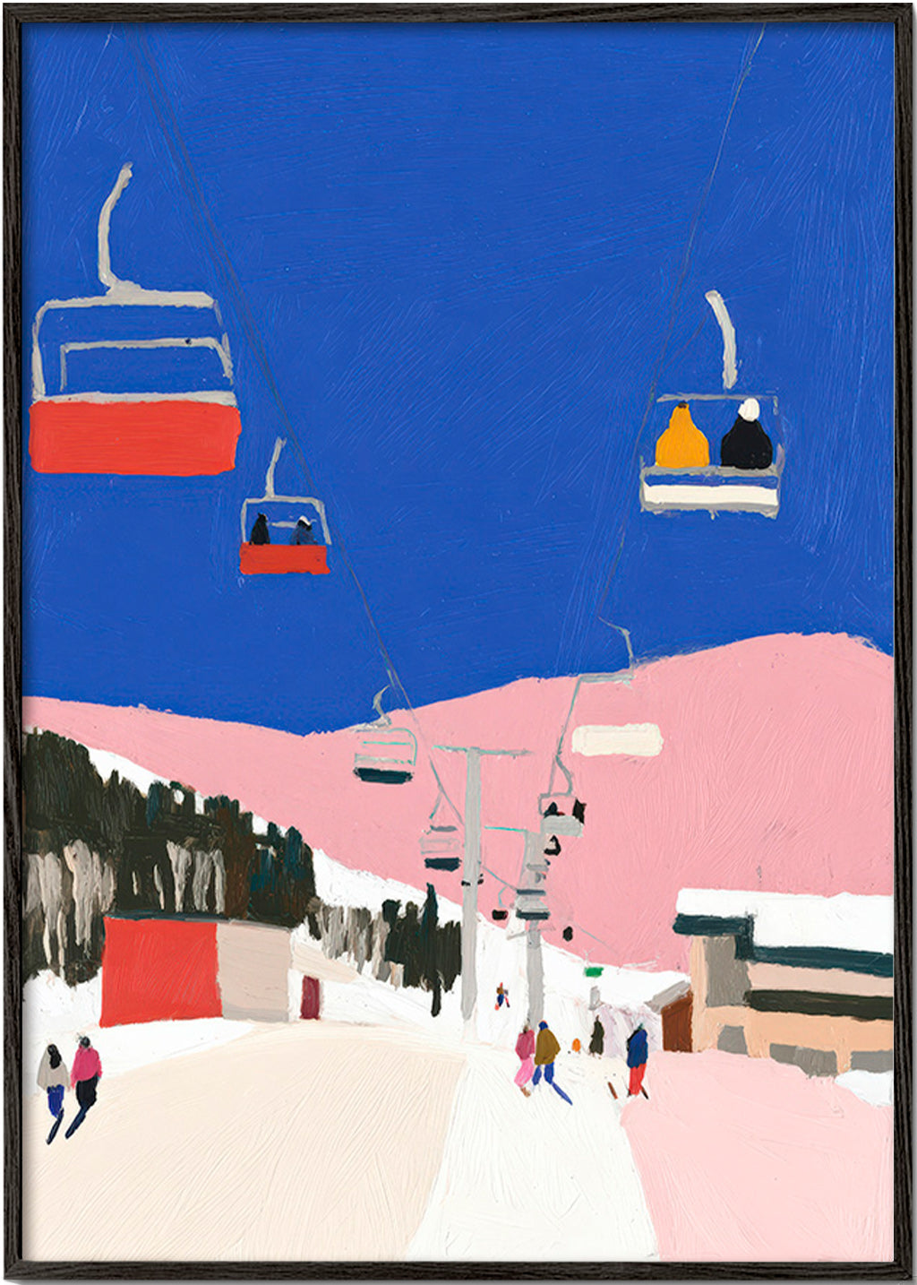 Landskabsmaleri med skilifte mod blå himmel