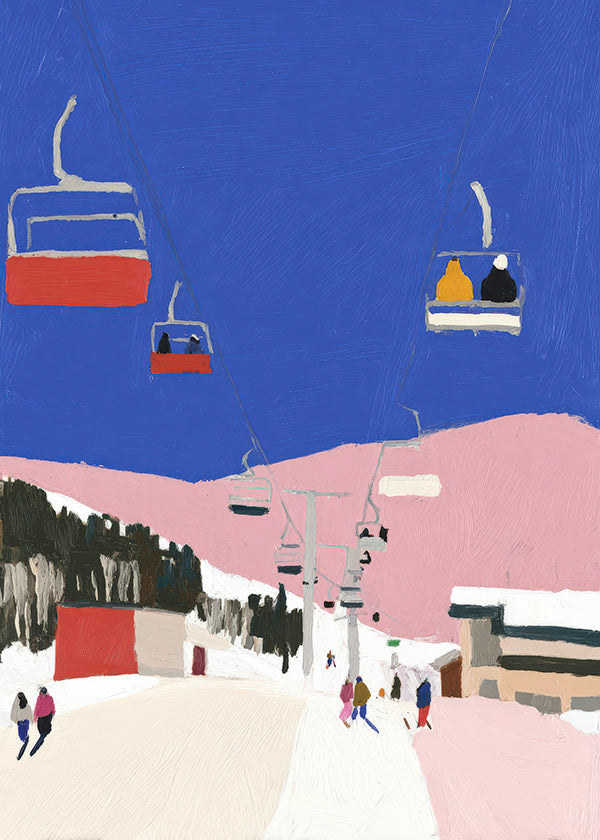 Landskabsmaleri med skilifte mod blå himmel