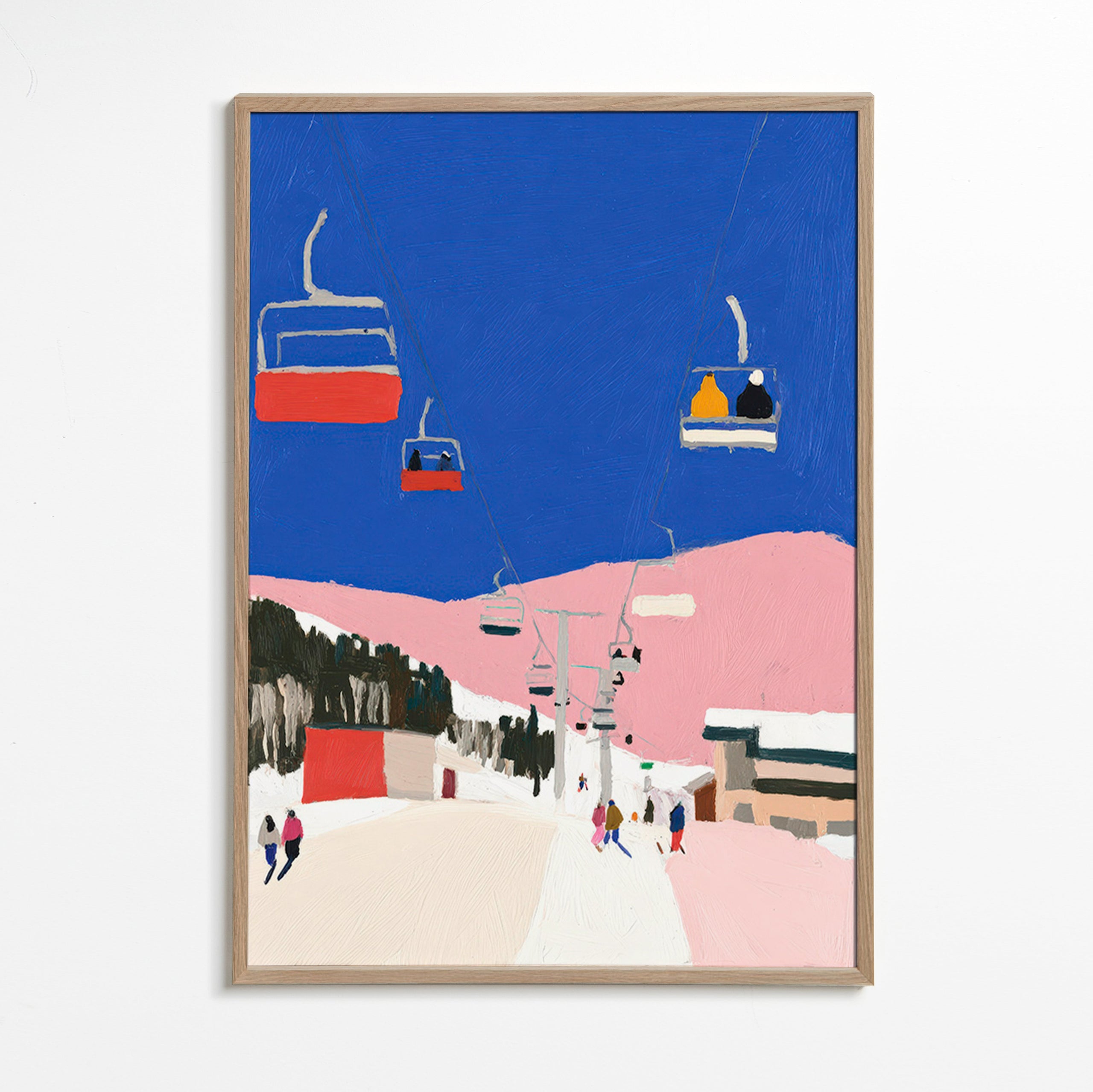 Landskabsmaleri med skilifte mod blå himmel