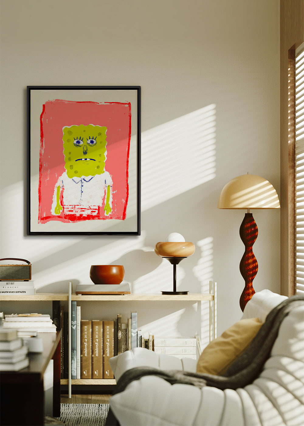 Illustration svampefigur på lyserød baggrund