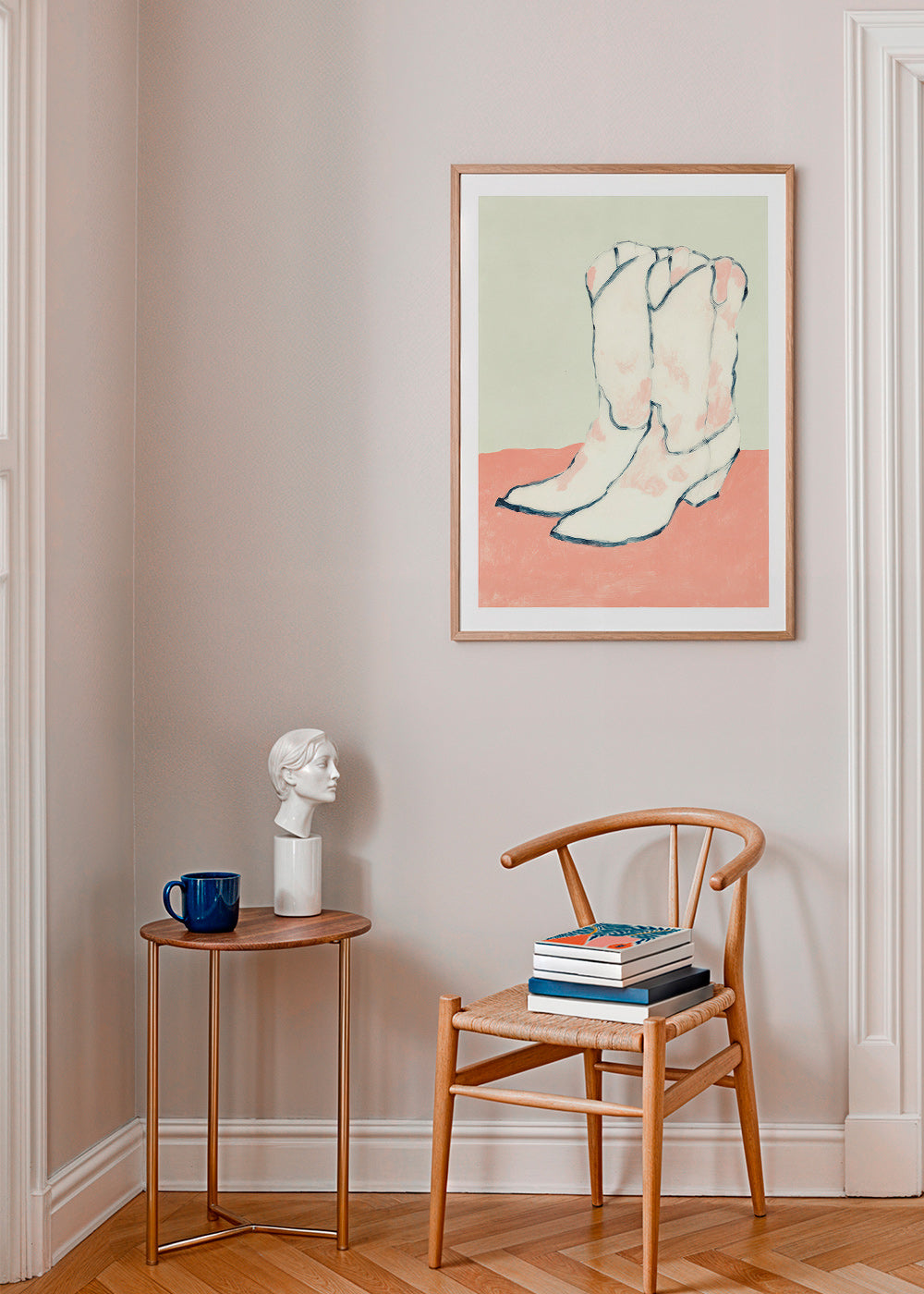 Illustration hvide støvler på pastelbaggrund