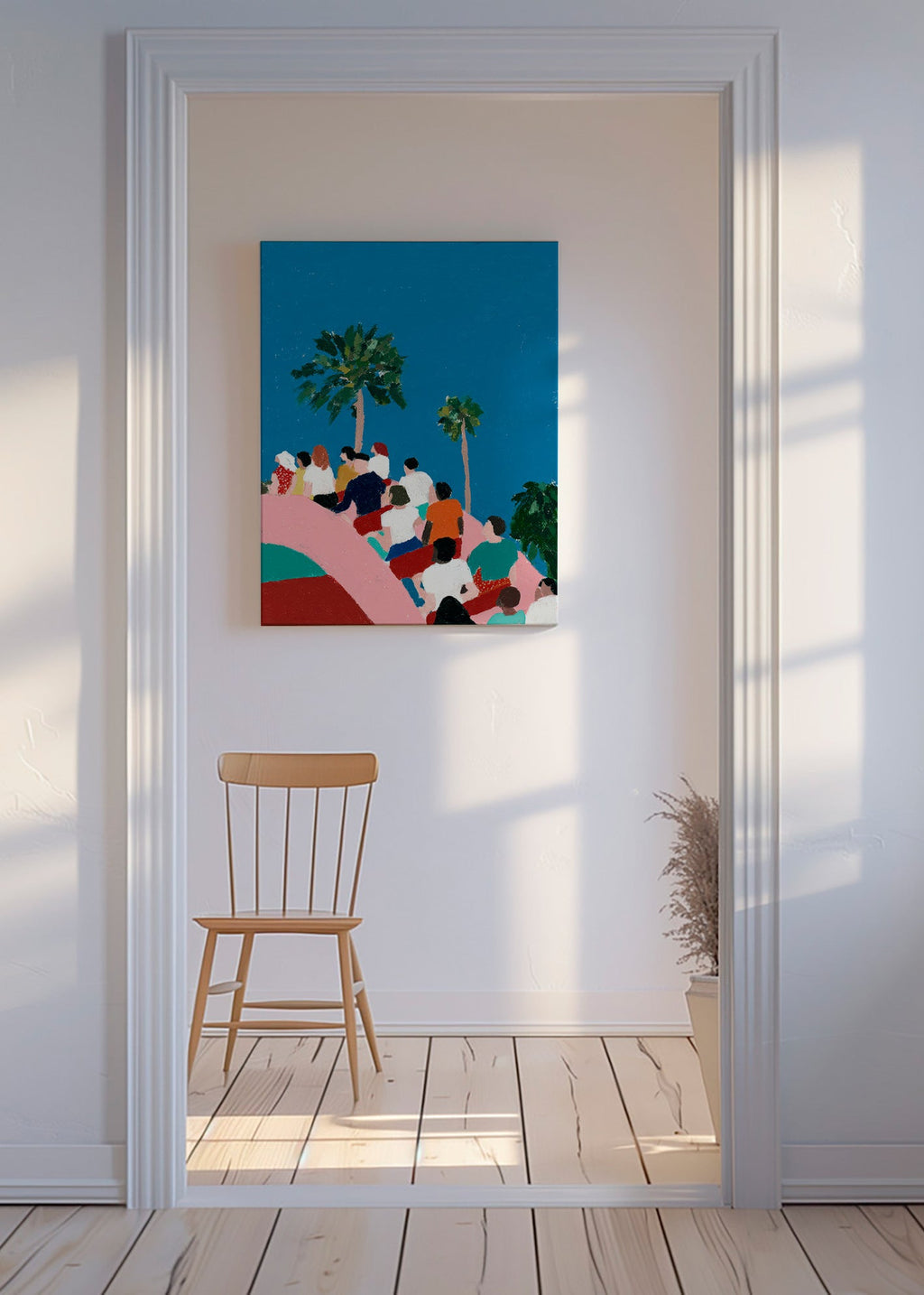 Illustration af folk på forlystelse med palmer