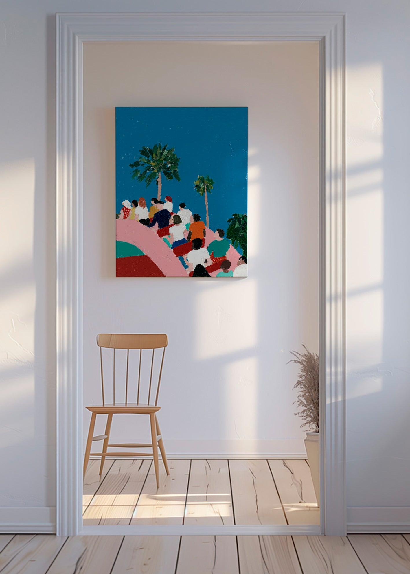 Illustration af folk på forlystelse med palmer