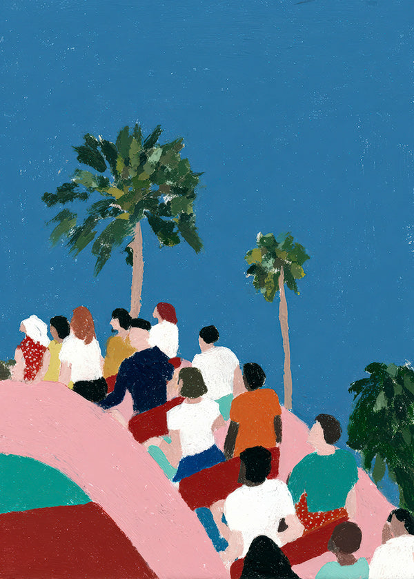 Illustration af folk på forlystelse med palmer