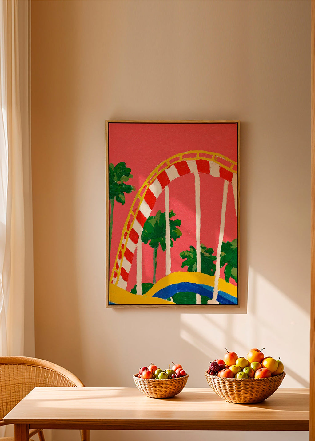 Botanisk plakat med palmer og farverig bue