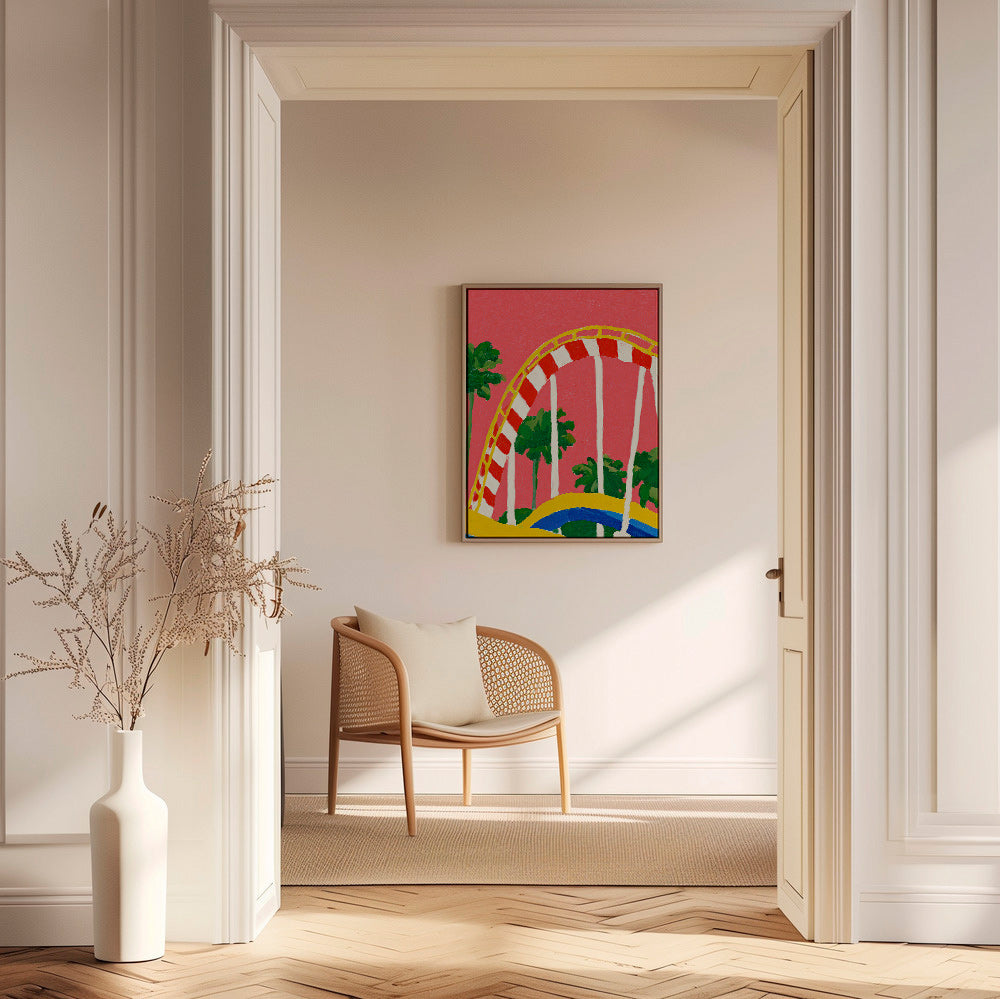 Botanisk plakat med palmer og farverig bue