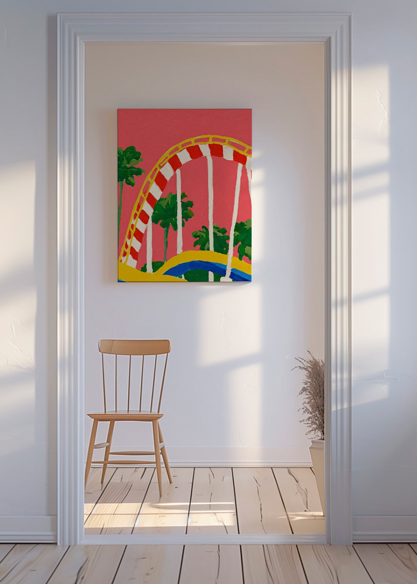 Botanisk plakat med palmer og farverig bue