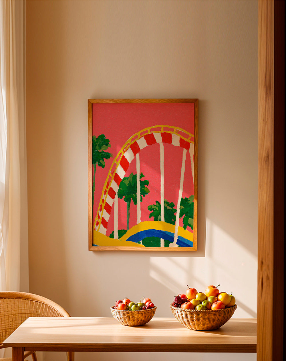 Botanisk plakat med palmer og farverig bue