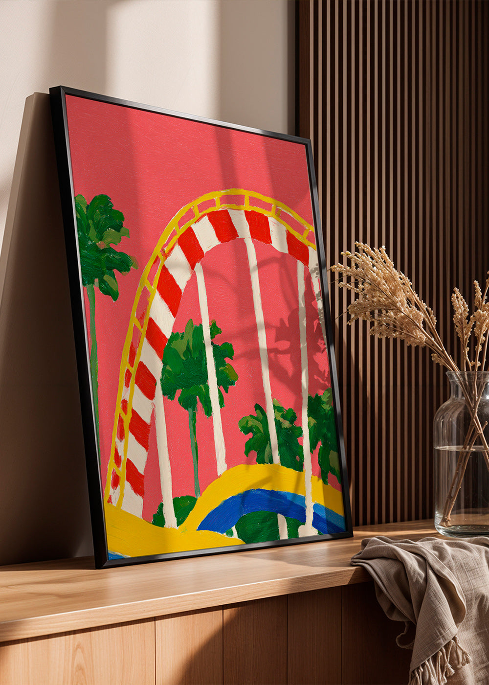 Botanisk plakat med palmer og farverig bue