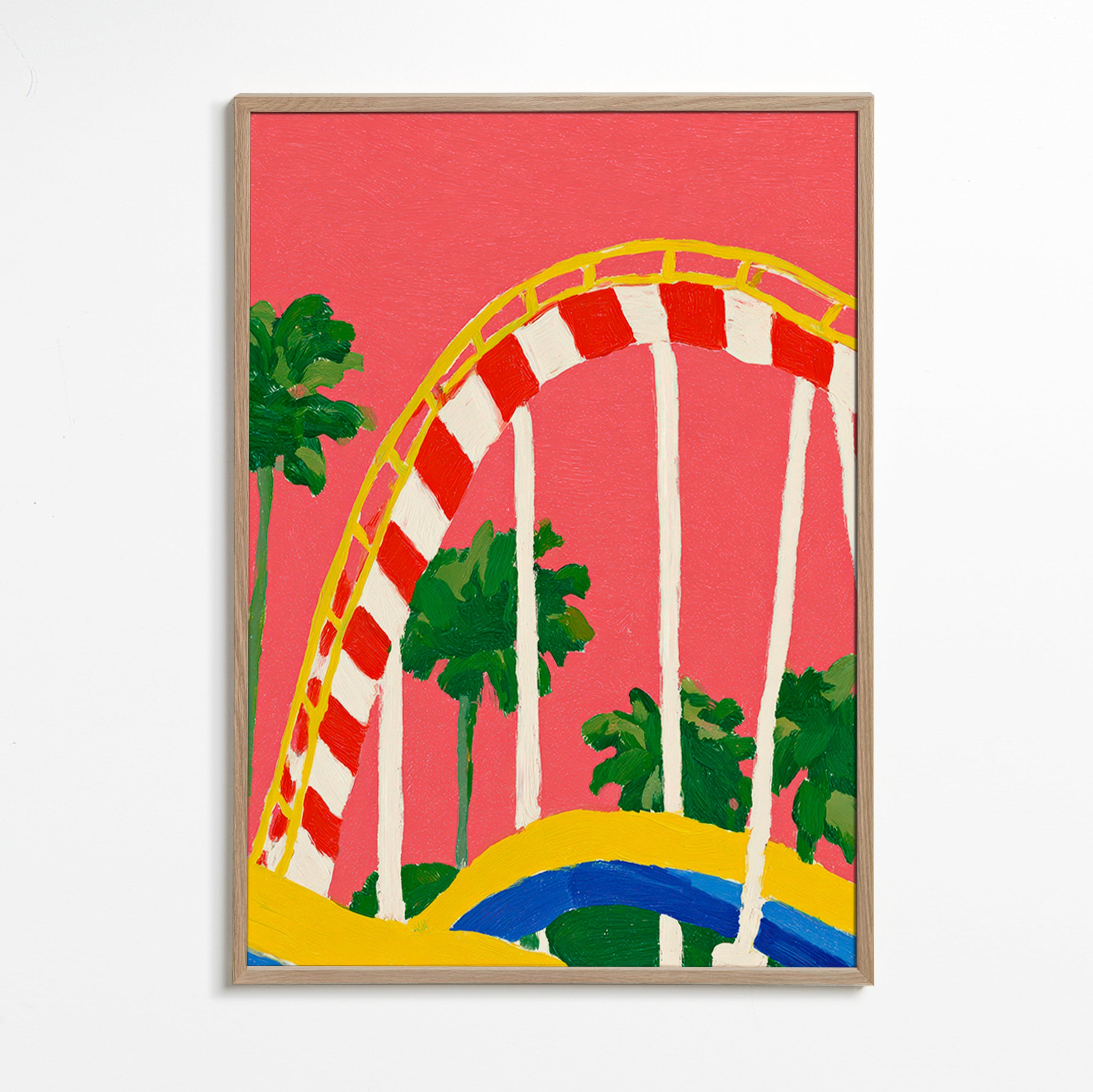 Botanisk plakat med palmer og farverig bue