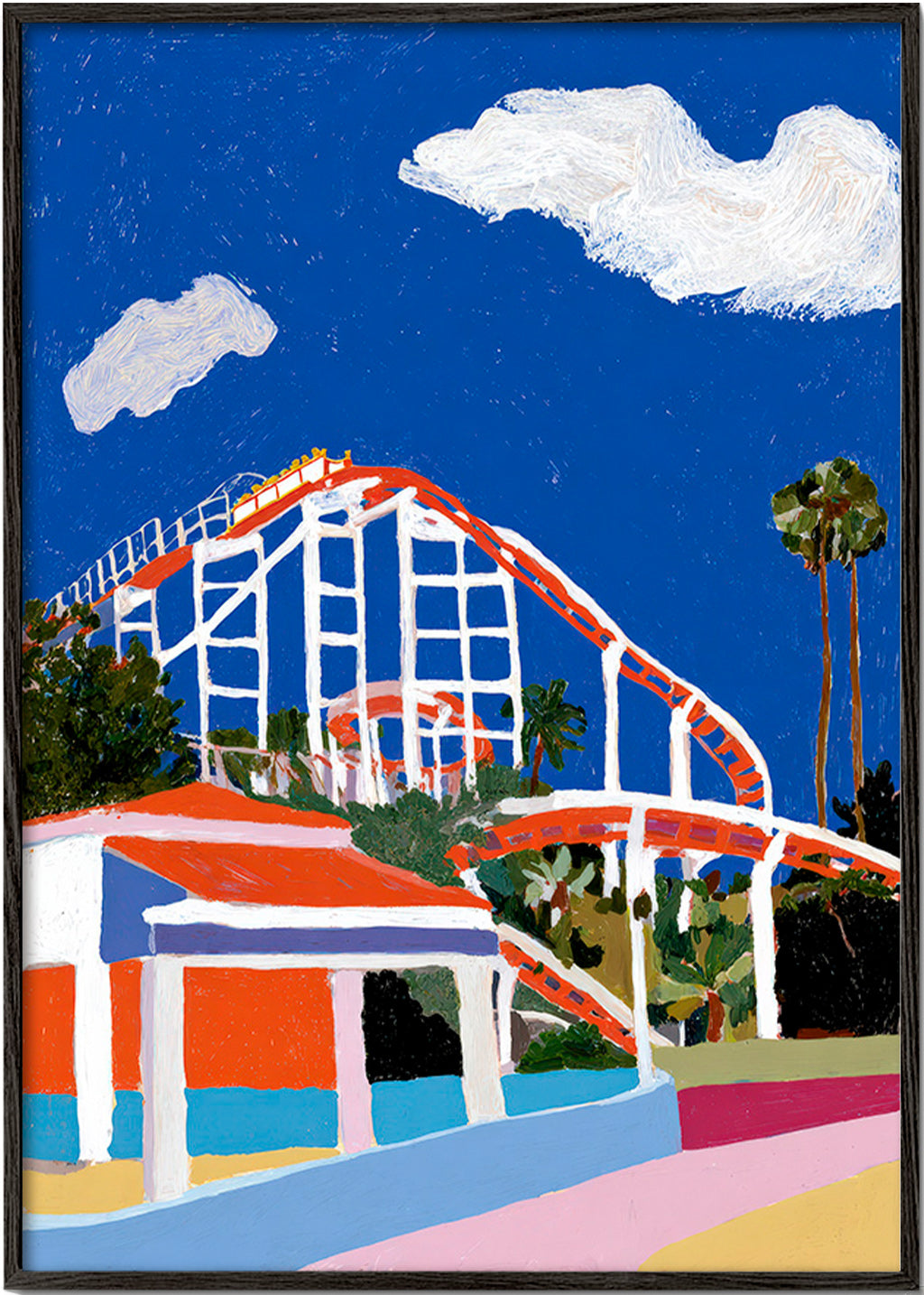 Farverig illustration af forlystelsespark