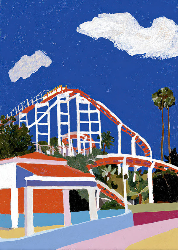 Farverig illustration af forlystelsespark