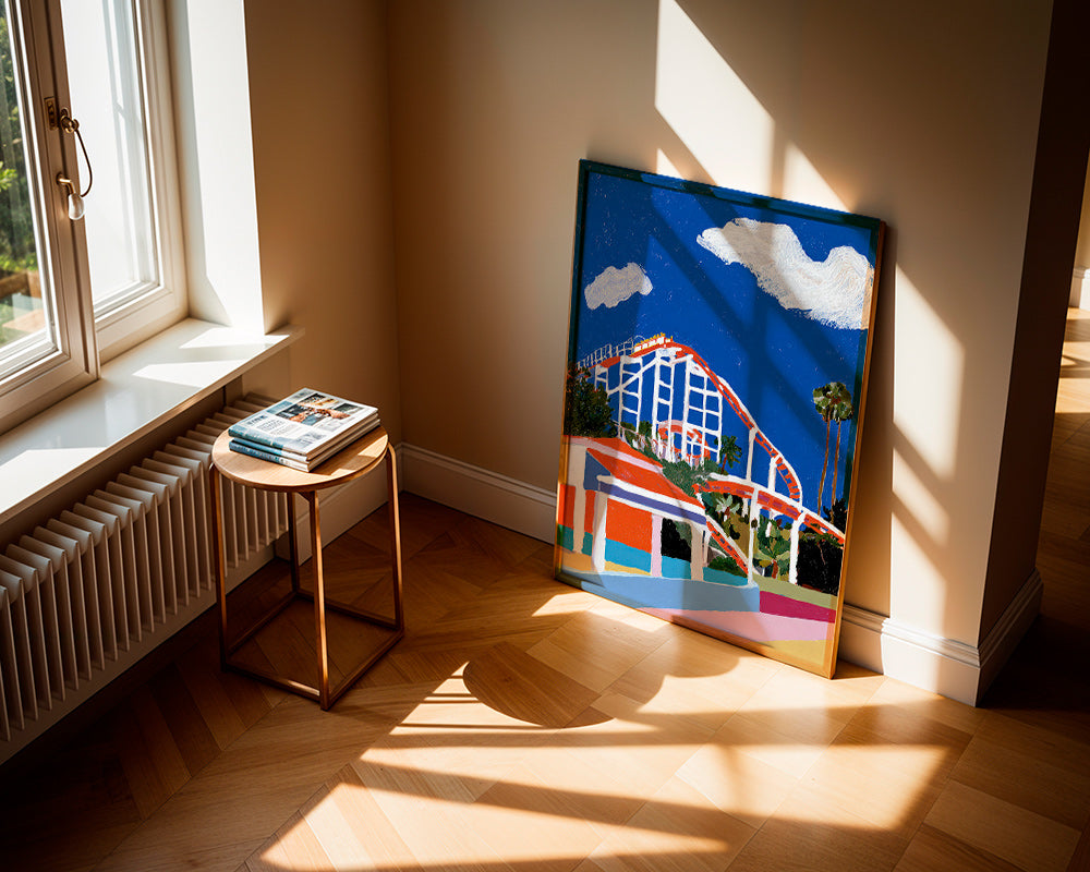Farverig illustration af forlystelsespark
