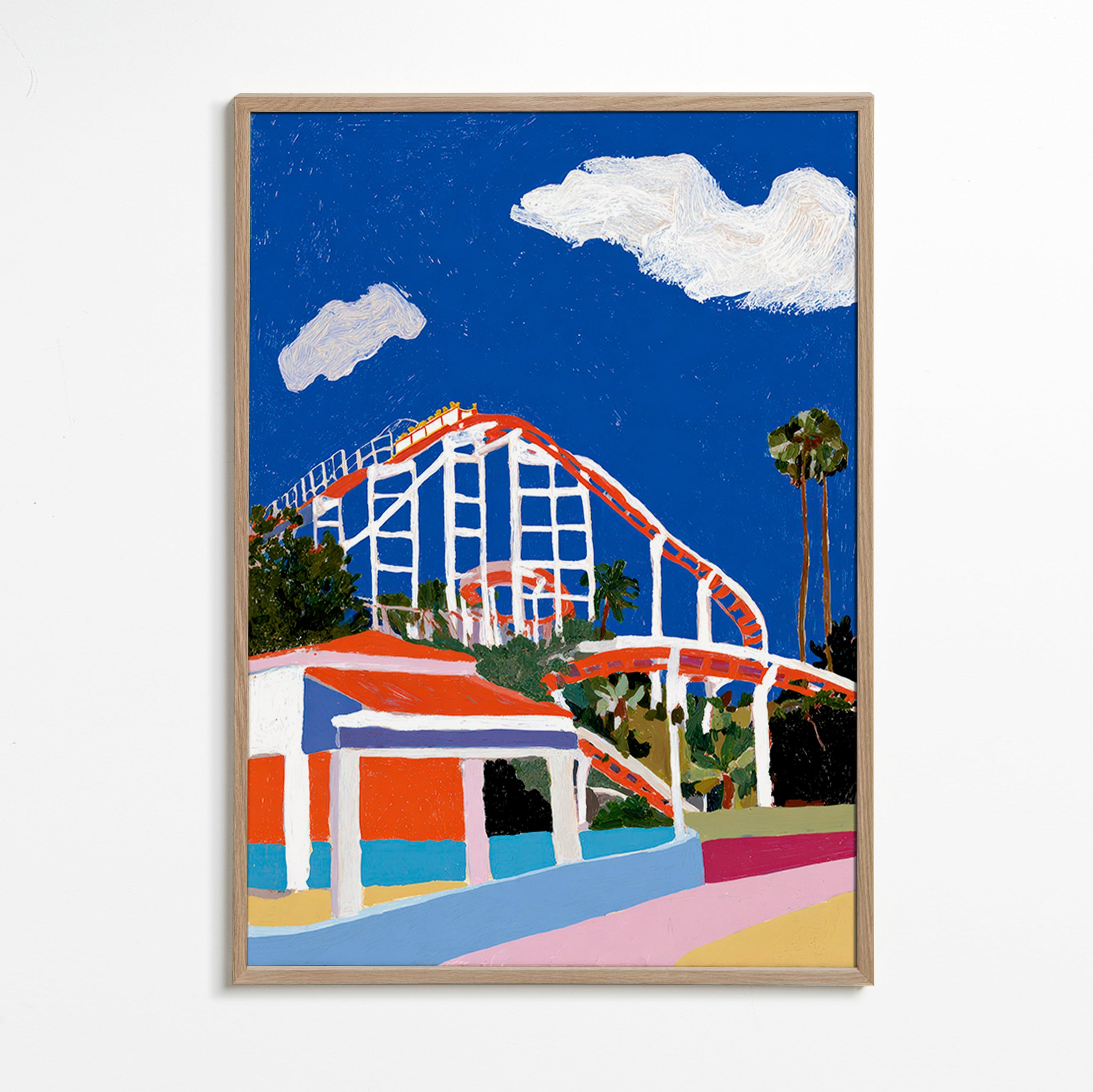 Farverig illustration af forlystelsespark
