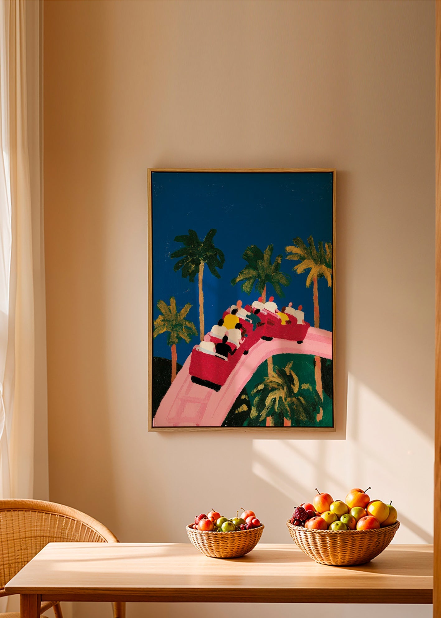 Botanisk plakat med palmer og lyserød rutsjebane