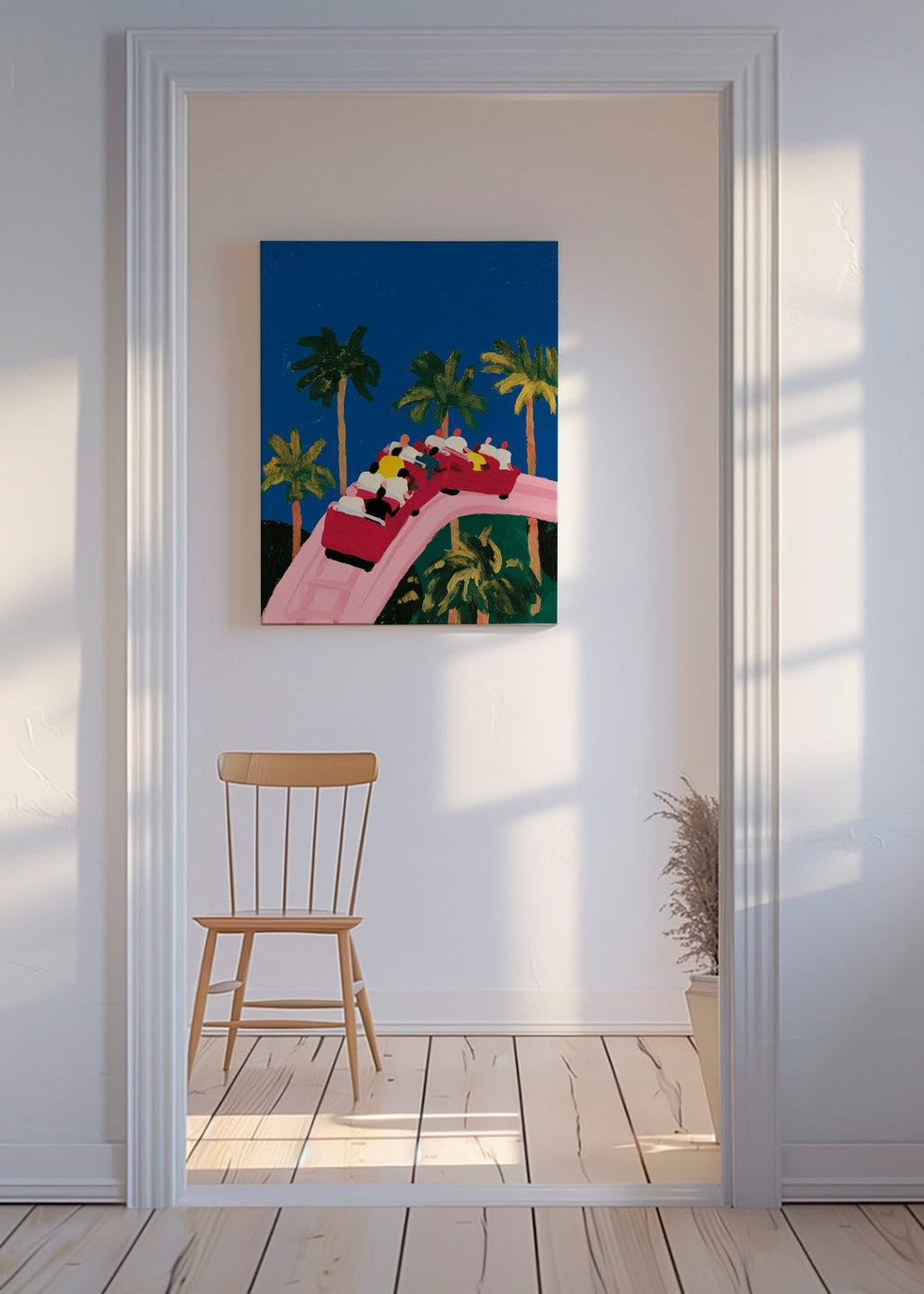 Botanisk plakat med palmer og lyserød rutsjebane