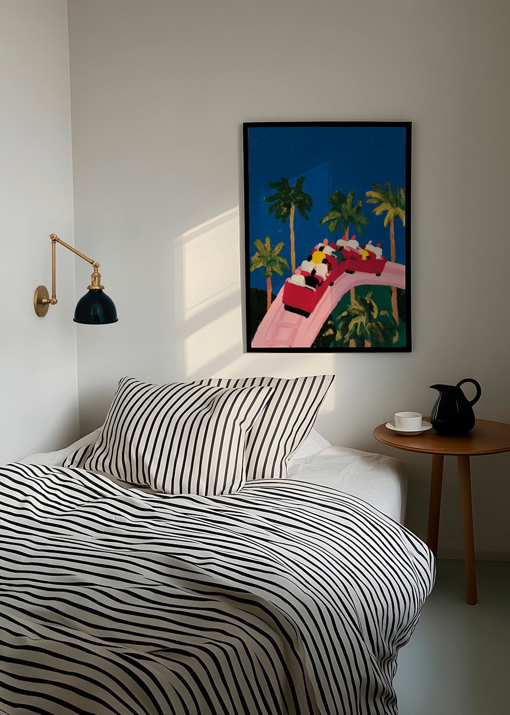 Botanisk plakat med palmer og lyserød rutsjebane
