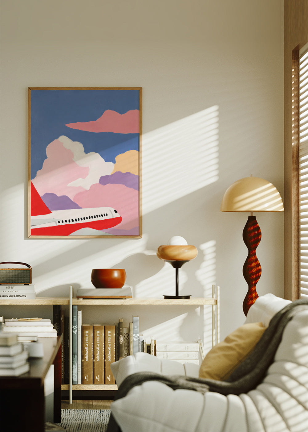 Illustration af fly mellem lyserøde skyer