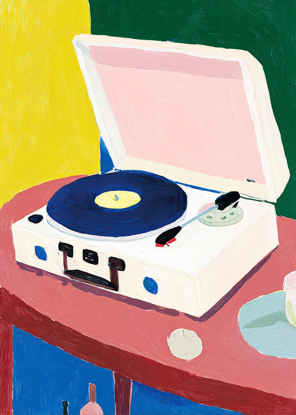 Illustration: vintage pladespiller på bord