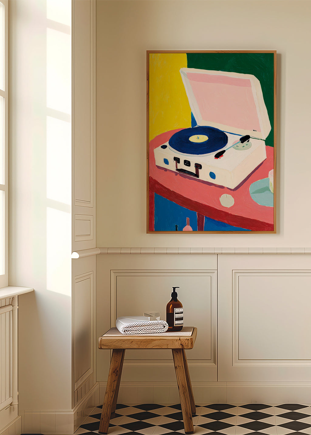 Illustration: vintage pladespiller på bord